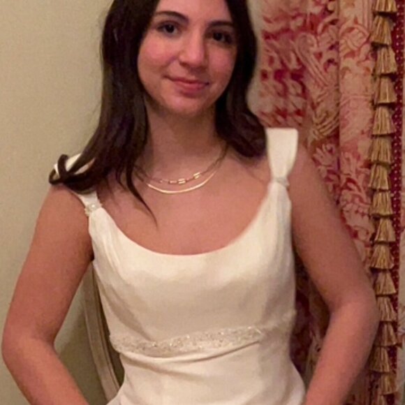 David's Bridal Galina Ivory Chiffon Empire Waist Bridal Gown Minimalist Modern - Picture 6 of 15